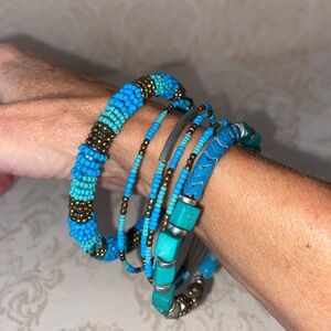 Set of 6 Beaded Bangle Bracelets in Turquoise Blue & Coppery Brown. Summery